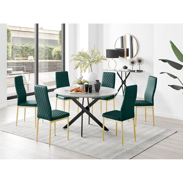 Tierra Modern Concrete Effect and Chrome Metal 6 Seat Dining Table Set - Luxury Velvet Dining Chairs Canora Grey Table Base Colour: Black, Chair Colou on Productcaster.