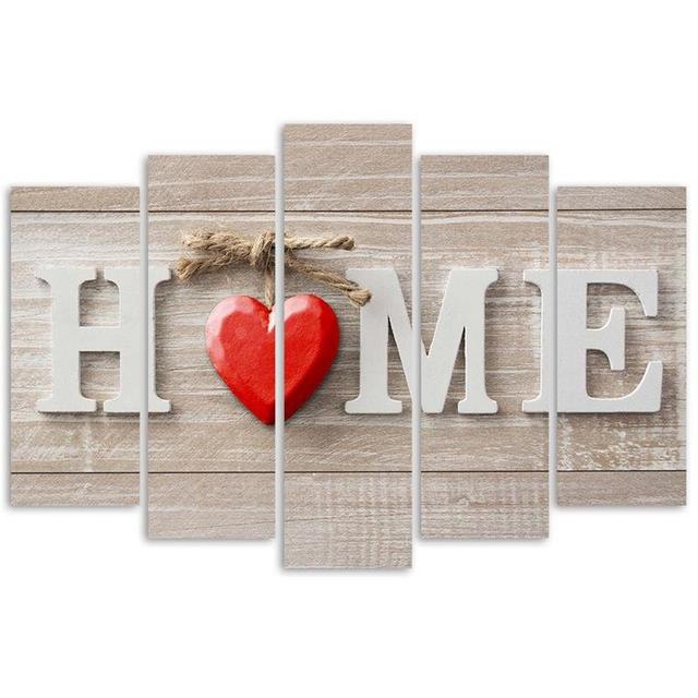 Home Inscription Rustic Wood Heart - 5 Piece Wrapped Canvas Typography Print Set House of Hampton Size: 100cm H x 150cm W on Productcaster.