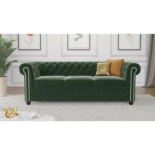 Uriel 3-seater sofa with velvet cover Mercer41 Upholstery Colour: Bottle Green on Productcaster.