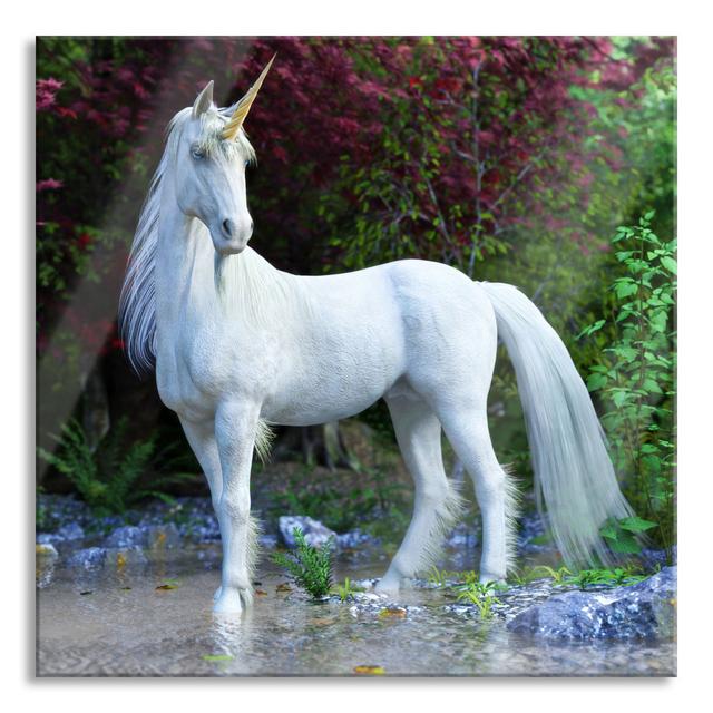 Majestic Unicorn in a Forest Lake - Unframed Graphic Art on Glass Maturi Size: 70cm H x 70cm W x 0.4cm D on Productcaster.