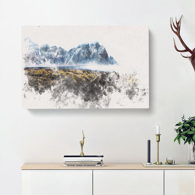 Mountains In Stokksnes Iceland Watercolour - Wrapped Canvas Print East Urban Home Size: 60cm H x 91cm W x 3cm D on Productcaster.