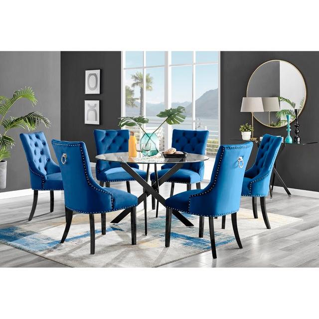 Novara Black Leg 120Cm Round Glass Dining Table & 6 Black Belgravia Black Leg Chairs Canora Grey Colour (Chair): Blue on Productcaster.