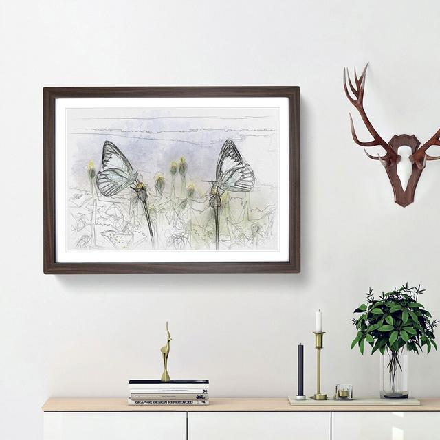 Two Butterflies upon Yellow Flowers Sketch - Picture Frame Graphic Art Print East Urban Home Size: 62cm H x 87cm W x 2cm D, Frame Option: Walnut Frame on Productcaster.