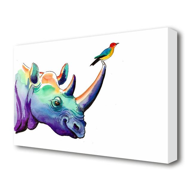 Rainbow Rhino Bird Wild Life - Graphic Art Print on Canvas East Urban Home Size: 66 cm H x 101.6 cm W on Productcaster.