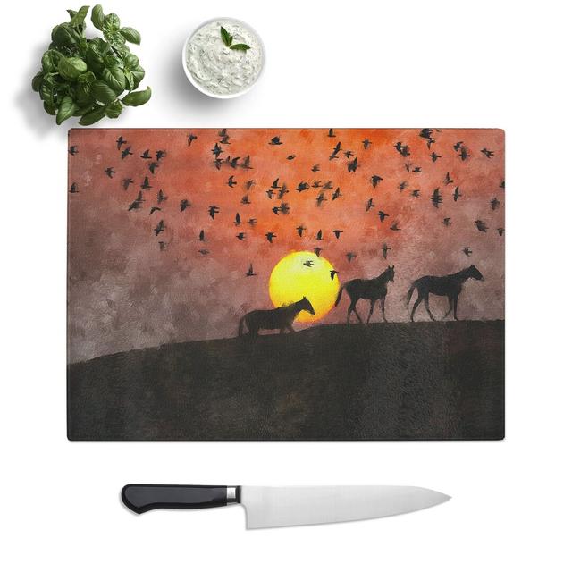 Birds and Horses at Sunset Painting Chopping Board East Urban Home Size: 0.4cm H x 20cm W x 29cm L on Productcaster.