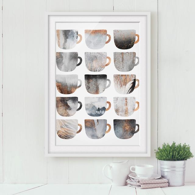 Grey Coffee Cups with Gold - Picture Frame Graphic Art Rosalind Wheeler Frame Option: White Framed, Size: 100cm H x 70cm W x 2cm D on Productcaster.