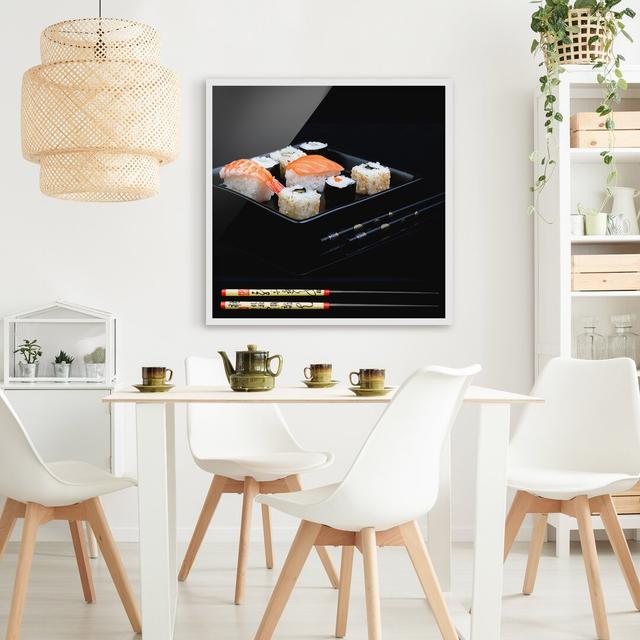 Sushi Plate with Chopsticks Black - Picture Frame Graphic Art Ebern Designs Frame Option: White, Size: 70cm H x 70cm W x 2cm D on Productcaster.