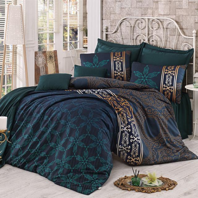 Julie 100% Cotton 120 TC Duvet Cover Set Lark Manor Colour: Blue/Mustard Brown, Size: 220 x 240cm Duvet Cover + 2 Pillowcases (60 x 60) on Productcaster.