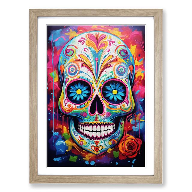 Sugar Skull Abstract Happy Larry Frame Colour: Oak, Size: 64cm H x 46cm W x 2cm D on Productcaster.