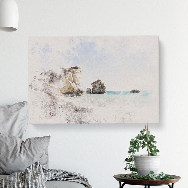 Cyprus Beach Watercolour - Wrapped Canvas Print East Urban Home Size: 50cm H x 76cm W x 3cm D on Productcaster.