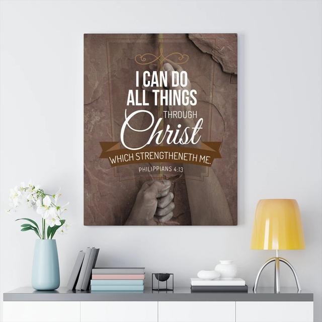 Through Christ - Wrapped Canvas Typography Blue Elephant Size: 61cm H x 46cm W on Productcaster.