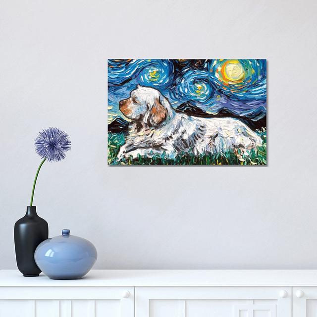 Clumber Spaniel Night by Aja Trier - Wrapped Canvas Gallery-Wrapped Canvas Giclée Rosalind Wheeler Size: 30.48cm H x 45.72cm W x 1.91cm D on Productcaster.