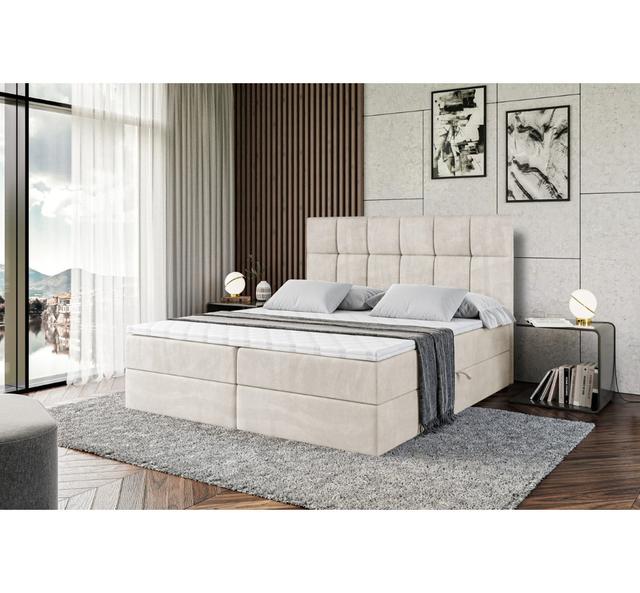 Boxspringbett mit H3 Bonell-Federkernmatratze, Topper und Bettkasten ModernMoments Farbe: Beige/Cremefarben, Größe: 200 x 200 cm on Productcaster.