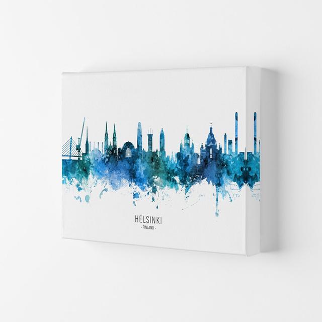 Helsinki Finland Skyline Blue City Name by Michael Tompsett - Graphic Art Ebern Designs Size: 42cm H x 59.4cm W x 4cm D, Format: Wrapped Canvas on Productcaster.