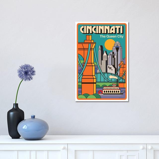 Cincinnati Travel Poster by Jim Zahniser - Wrapped Canvas Graphic Art Happy Larry Size: 45.72cm H x 30.48cm W x 1.905cm D on Productcaster.