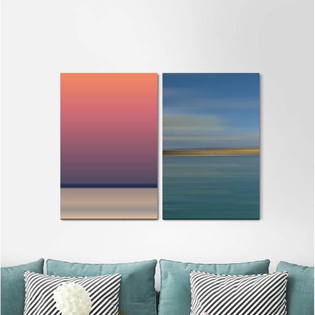 2-tlg. Leinwandbilder-Set - Grafikdruck „Minimal Horizon Calming Blue Tones Warm Colours Evening” East Urban Home on Productcaster.