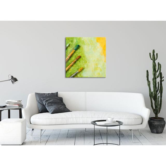 Paintbrushes and a Painting - Unframed Photograph on Glass Brayden Studio Size: 70cm H x 70cm W x 0.4cm D on Productcaster.