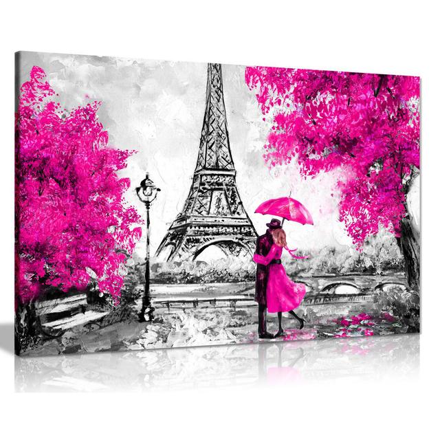 Paris Oil Painting Reproduction Eiffel Tower - Wrapped Canvas Print Panther Print Colour: Pink, Size: 20cm H x 31cm W on Productcaster.