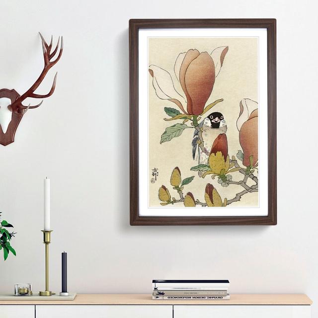 Sparrow Bird upon Magnolia Branch by Ohara Koson - Picture Frame Painting Print East Urban Home Frame Option: Walnut Framed, Size: 65cm H x 48cm W x 2 on Productcaster.