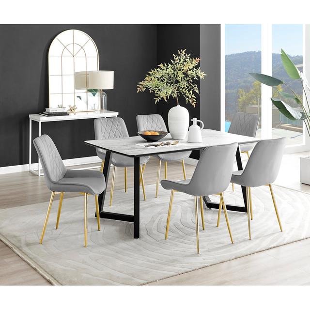 White Marble Effect Melamine Dining Table Black Legs & 6 Luxury Velvet Chairs Industrial Design Canora Grey Colour (Chair): Grey/Gold on Productcaster.