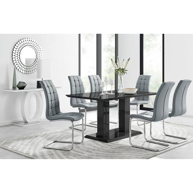 Edzard Double Pedestal High Gloss Dining Table Set with 6 Modern Faux Leather Dining Chairs Canora Grey Colour (Chair): Grey, Table Top Colour: Black on Productcaster.