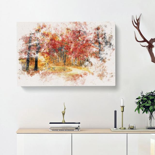 Path Through the Forest at Autumn Watercolour - Wrapped Canvas Graphic Art Print East Urban Home Size: 60cm H x 91cm W x 3cm D on Productcaster.