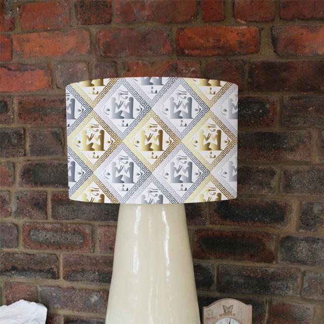 Egyptian Hieroglyphs Cotton Drum Lamp Shade Bloomsbury Market Size: 22cm H x 25cm W x 25cm D, Colour: Gold/Grey on Productcaster.