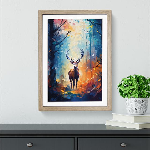 Stag In A Forest Impressionism - Single Picture Frame Art Prints on Wood Alpen Home Frame Colour: Oak, Size: 64cm H x 46cm W x 2cm D on Productcaster.