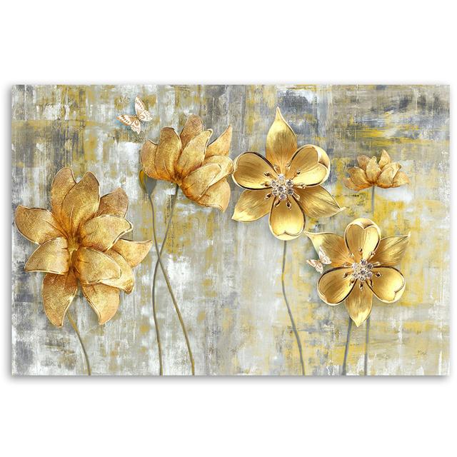 Leinwandbild, Goldene Blumen und Schmetterlinge ClassicLiving on Productcaster.