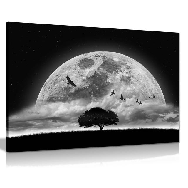 Birds Flying over Dark Night Moon - Wrapped Canvas Photograph Panther Print Size: 31cm H x 46cm W x 1.8cm D on Productcaster.