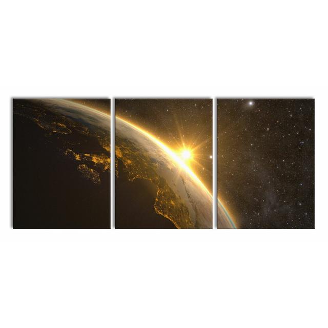 Sun and Earth in Space - 3 Piece Wrapped Canvas Photograph Print Set East Urban Home Size: 80cm H x 180cm W on Productcaster.