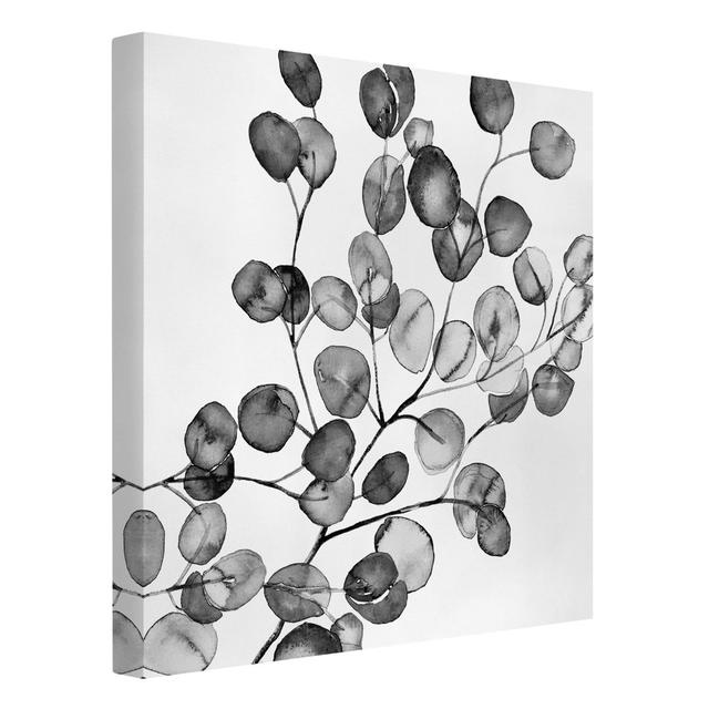 Black and White Eucalyptus Branch - Wrapped Canvas Graphic Art Rosalind Wheeler Format: 260g/m² Canvas, Frame Option: White, Size: 70cm H x 70cm W on Productcaster.