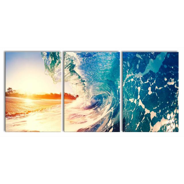 Enormous Wave At Sunrise - 3 Piece Wrapped Canvas Print East Urban Home Size: 100 cm H x 210 cm W on Productcaster.