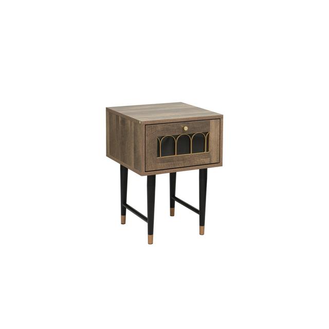 Volkard Modern Brown Bedside Table With 2 Drawers, Gold Metal Rail Accent, Black Iron Legs With Gold Tips Alpen Home on Productcaster.