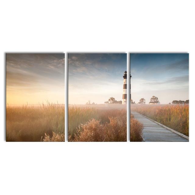 Lighthouse in the Fog 3-Piece Photograph Set on Canvas East Urban Home Size: 120cm H x 240cm W on Productcaster.