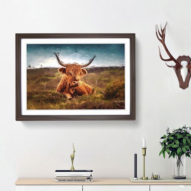 A Resting Highland Cow in Abstract - Picture Frame Painting Print on MDF East Urban Home Frame Option: Walnut Framed, Size: 48cm H x 65cm W x 2cm D on Productcaster.