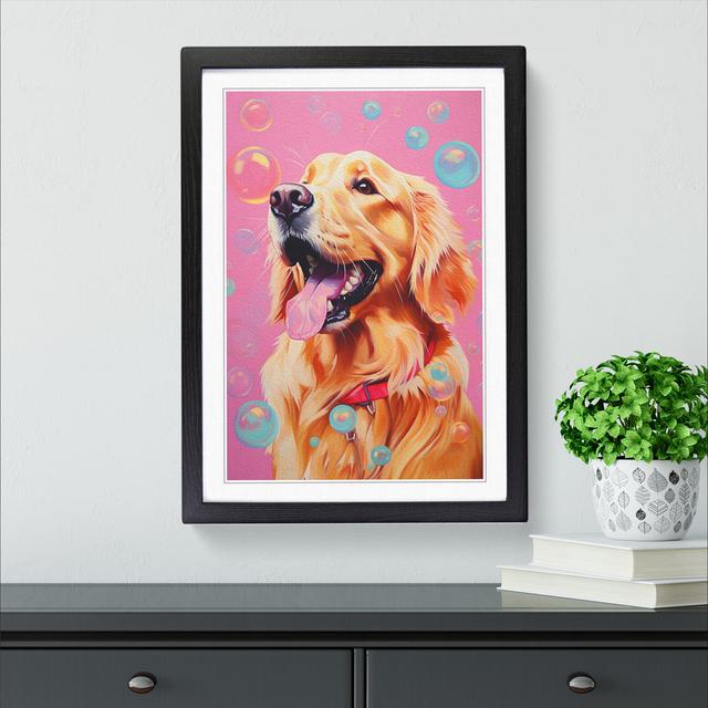 Golden Retriever Bubble Gum - Single Picture Frame Art Prints on Wood Marlow Home Co. Size: 64cm H x 46cm W x 2cm D, Format: Black on Productcaster.