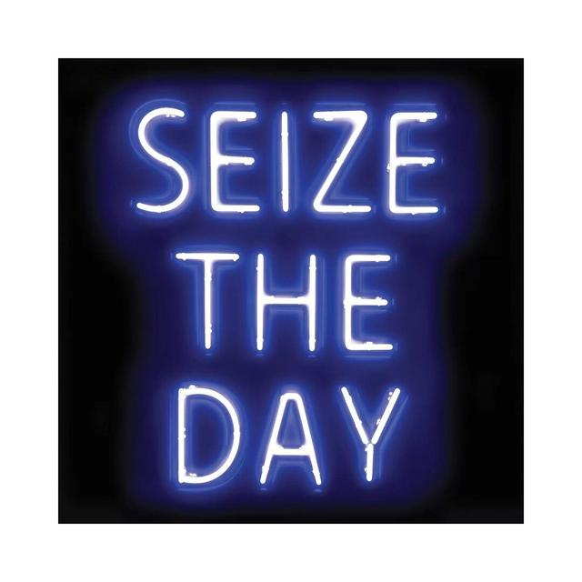 Neon Seize the Day Blue on Black by Hailey Carr - Typography on Canvas 17 Stories Format: Wrapped Canvas, Size: 30.48cm H x 30.48cm W x 1.91cm D on Productcaster.