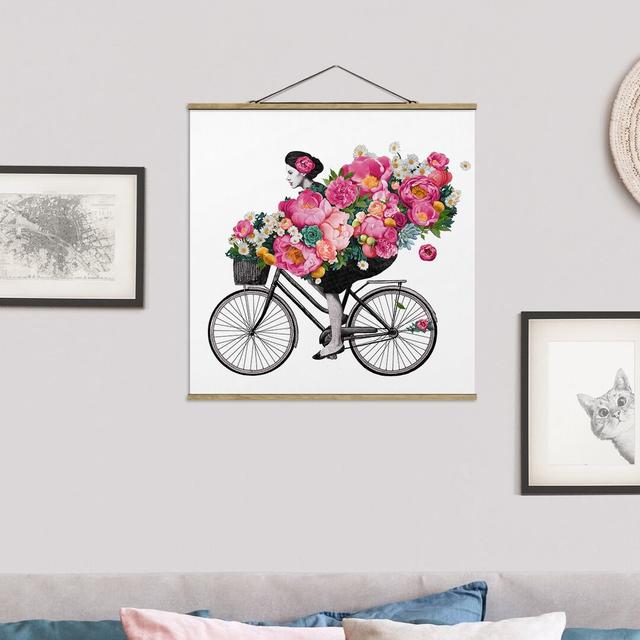 Stoffbild Illustration Woman on Bicycle Collage Colourful Flowers von Laura Graves Rosalind Wheeler Maße: 100 cm H x 100 cm B x 0,3 cm T on Productcaster.