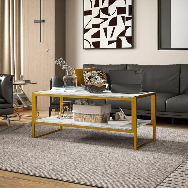 Coffee Table, Two-Tier Marble Centre Table With Metal Frame And Storage Shelf For Living Room, 106 X 50 X 45Cm Metro Lane Table Base Colour: White, Ta on Productcaster.