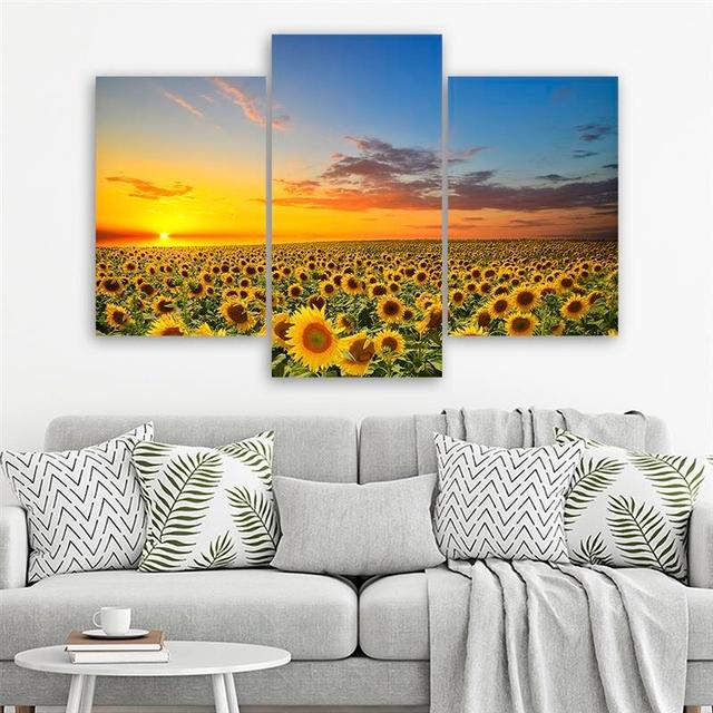 Meadow of Sunflowers - 3 Piece Wrapped Canvas Photograph Print Set 17 Stories Size: 60cm H x 90cm W on Productcaster.