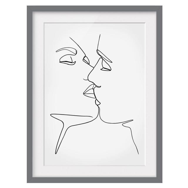 Picture With Frame - Line Art Kiss Faces Black White - Portrait 4:3 - B Ivy Bronx Size: 70cm H x 50cm W x 2cm D, Frame Option: Grey on Productcaster.