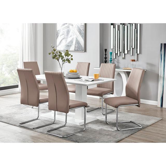 Edzard Double Pedestal High Gloss Dining Table Set with 6 Luxury Faux Leather Dining Chairs Canora Grey Colour (Chair): Cappuccino Grey on Productcaster.