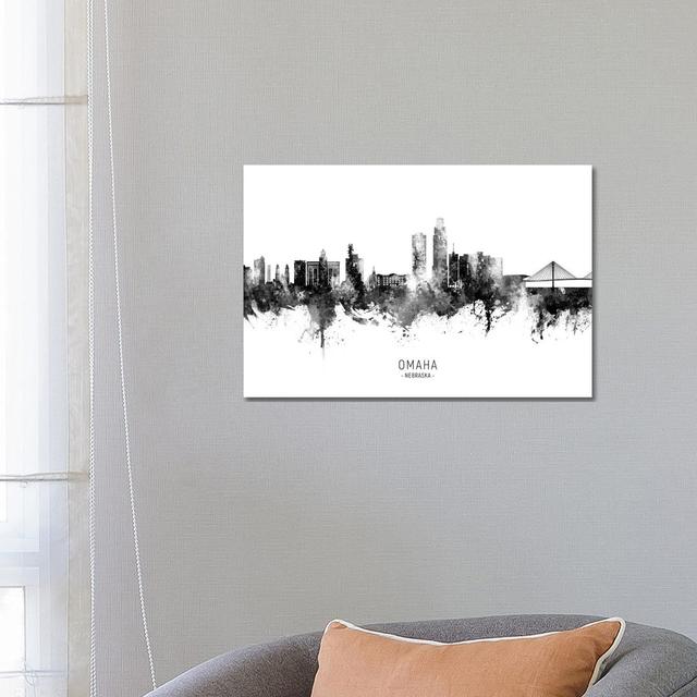 Omaha Nebraska Skyline Name Bw by Michael Tompsett - Wrapped Canvas Gallery-Wrapped Canvas Giclée Latitude Run Size: 45.72cm H x 66.04cm W x 1.90cm D on Productcaster.