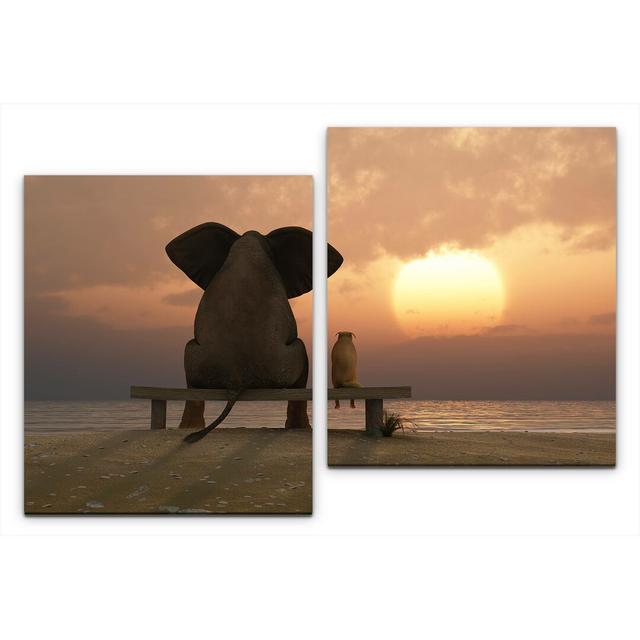 2-tlg. Leinwandbilder-Set Elefant und Hund schauen in Sonnenuntergang East Urban Home on Productcaster.