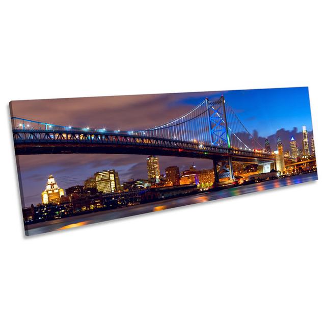 Philadelphia Skyline Ben Franklin Bridge CANVAS WALL ART Panoramic Framed Print Ebern Designs Size: 30.48cm H x 91.44cm W x 2cm D on Productcaster.