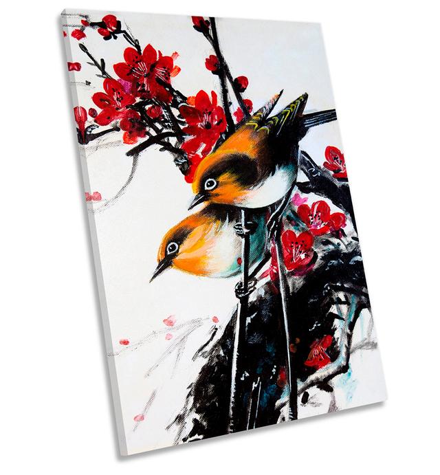 Oriental Birds Floral Picture Red - Wrapped Canvas Art Prints Marlow Home Co. Size: 45.7" H x 30.5" W x 2" D on Productcaster.