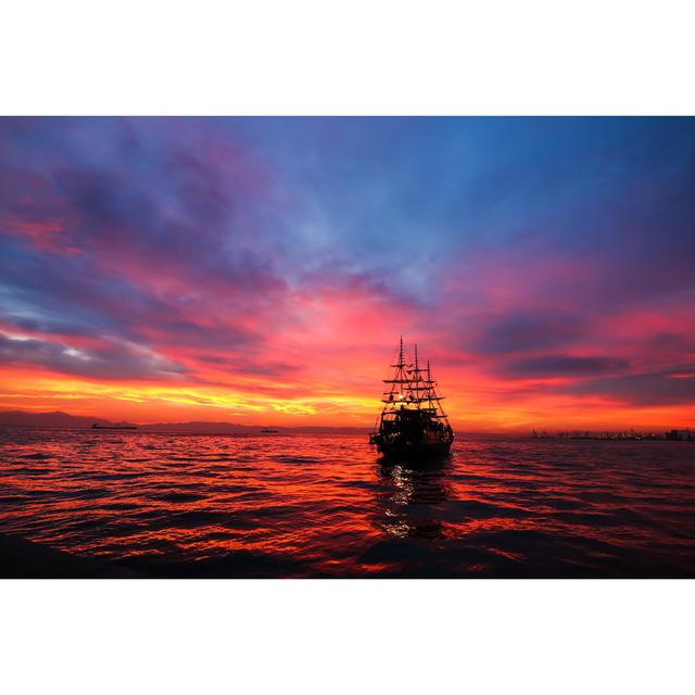 Silhouette An Antique Ship At A Beautiful Sunset. Highland Dunes Size: 8"H x 12"W on Productcaster.