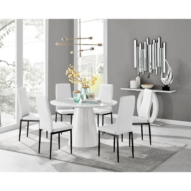 Edzard Statement Pedestal Round Dining Table Set & 6 Luxury Faux Leather Dining Chairs Canora Grey Colour (Chair): White/Black, Table Colour: White on Productcaster.