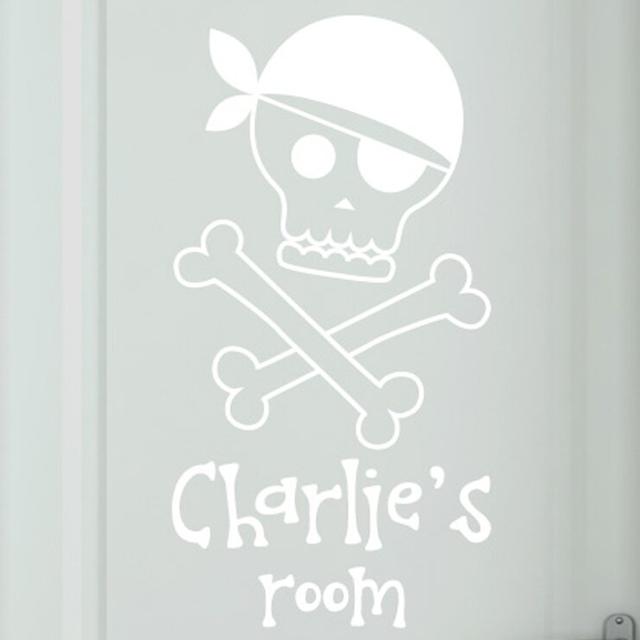 Personalised Pirate Skull and Bones Door Room Wall Sticker Happy Larry Colour: White on Productcaster.